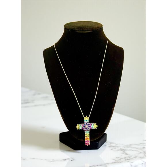 D'Joy Sterling Silver Multi Gemstone Cross Pendant-20'' Italy Chain-Rainbow-Bold - Picture 2 of 10